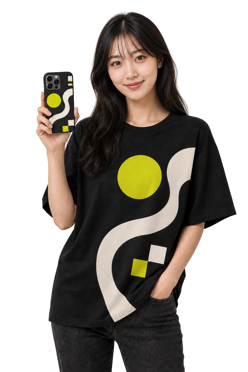 同じ幾何学グラフィックのTシャツとスマートフォンケースを持つ日本人女性モデル